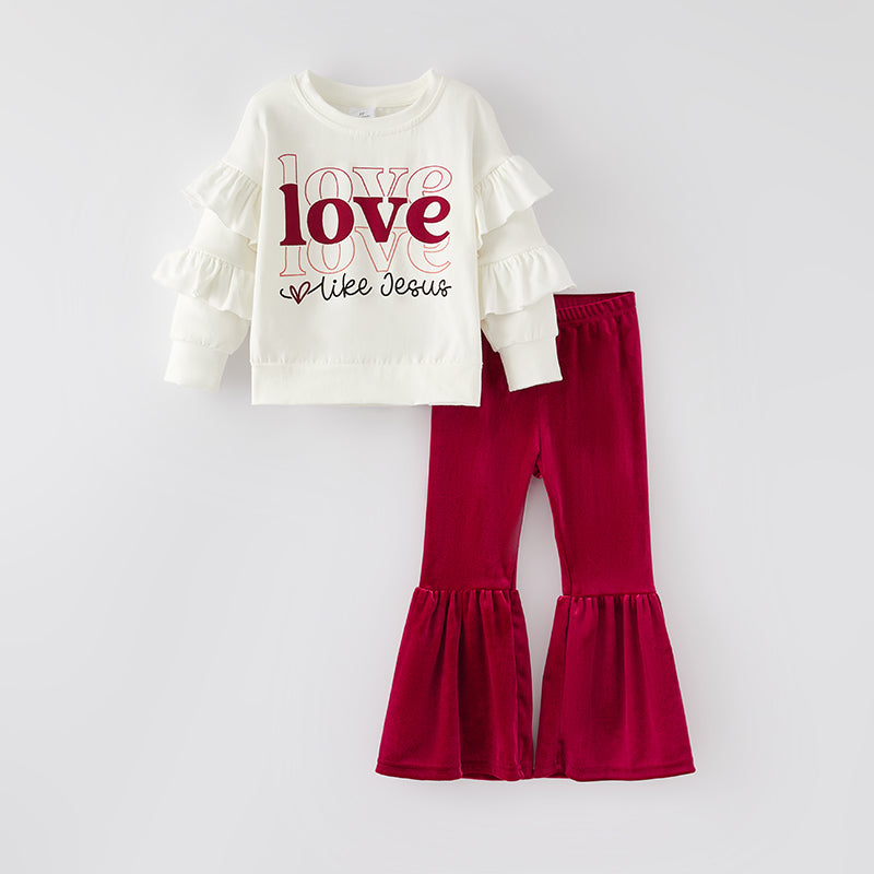 （In Stock）Girls Valentine's Day Print Top Velvet Pants Set