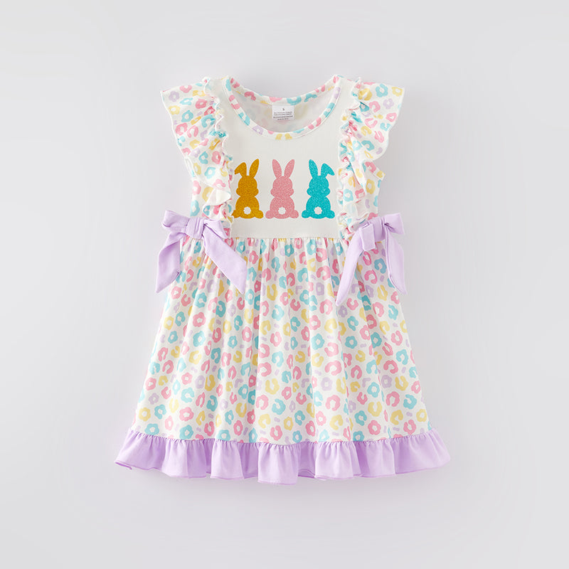 （In Stock）Girls Easter Shiny Bunny Print Dress