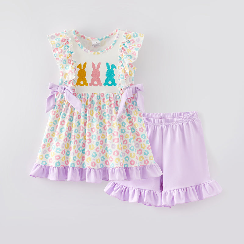 （In Stock）Girls Easter Shiny Bunny Print Shorts Set