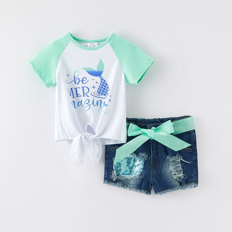 （In Stock）One Pack(8 Pieces total) Sale Girls Spring and Summer Mermaid Print Denim Shorts Set