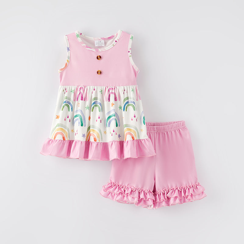 （In Stock）Girls Spring and Summer Rainbow Print Shorts Set