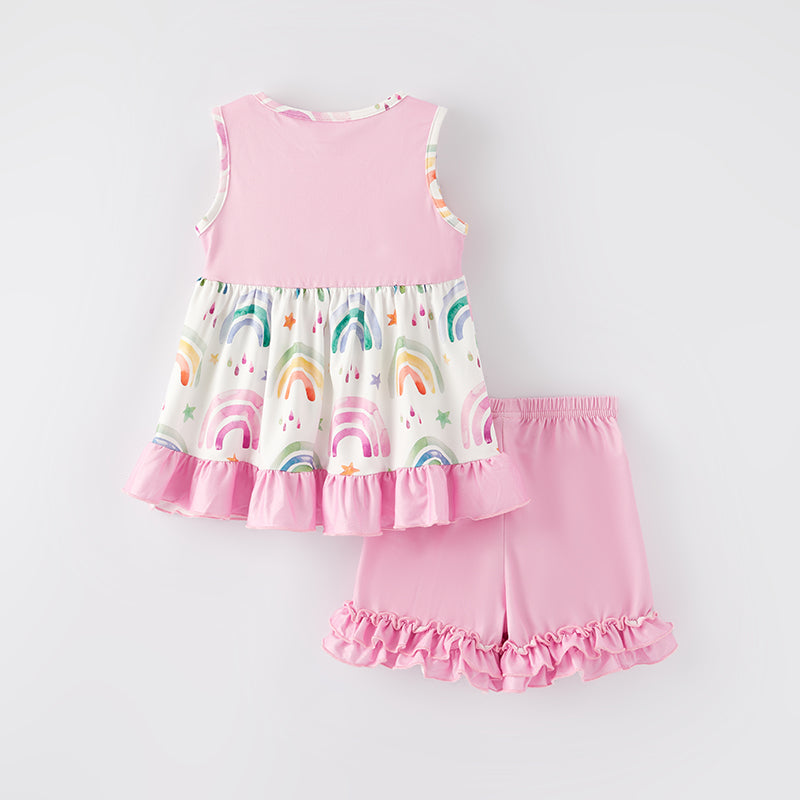 （In Stock）Girls Spring and Summer Rainbow Print Shorts Set