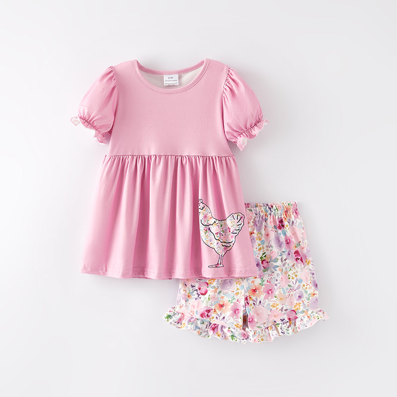 （In Stock）Girls Spring and Summer Chick Applique Shorts Set