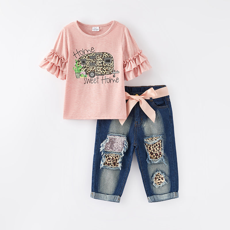 （In Stock）One Pack(3 Pieces total) Sale Girls Spring Truck Print Denim Set