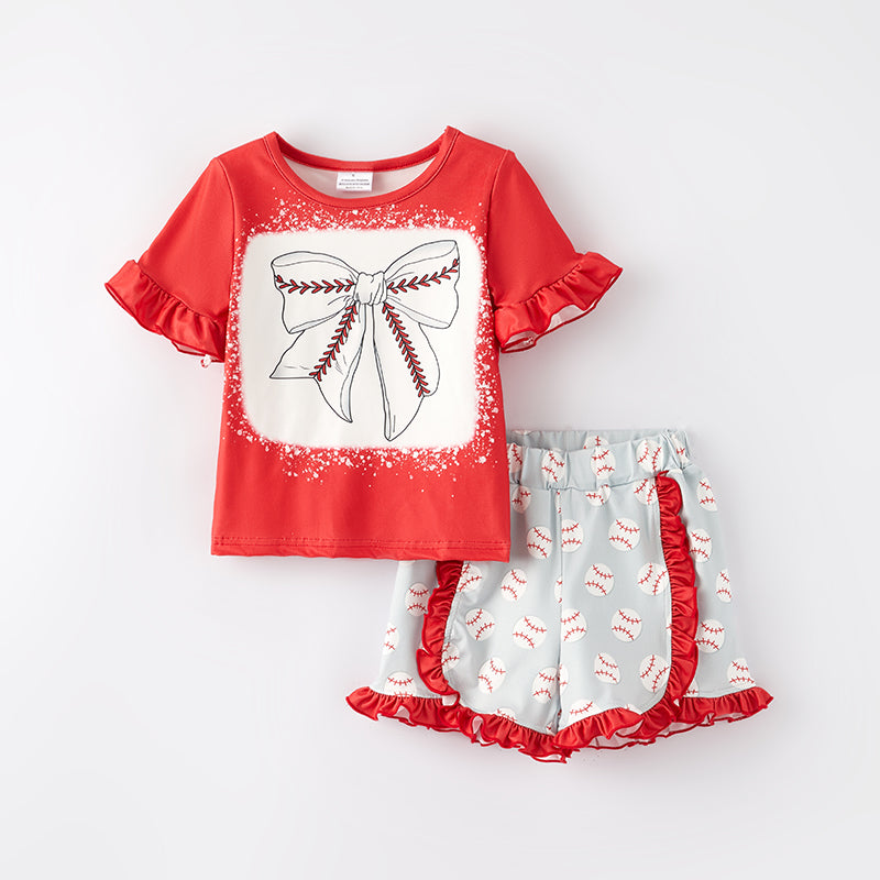 （In Stock）Girls Spring and Summer Baseball Print Shorts Set