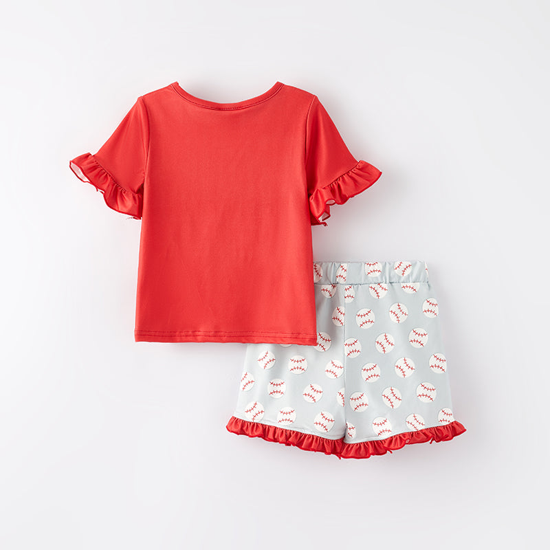 （In Stock）Girls Spring and Summer Baseball Print Shorts Set