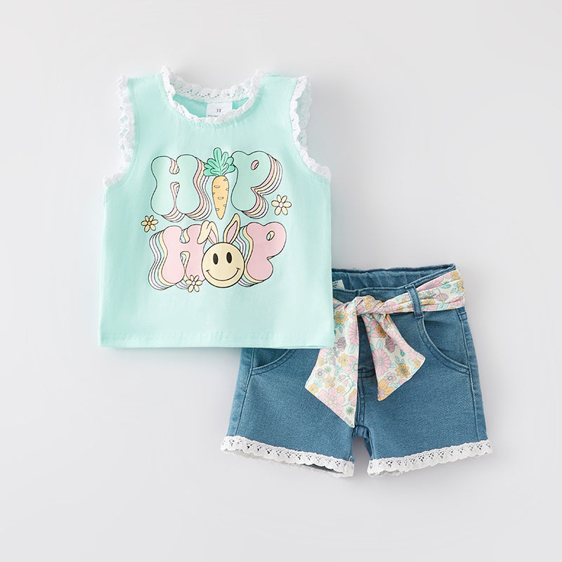 （In Stock）Girls Easter Bunny Hip Hop Print Denim Set