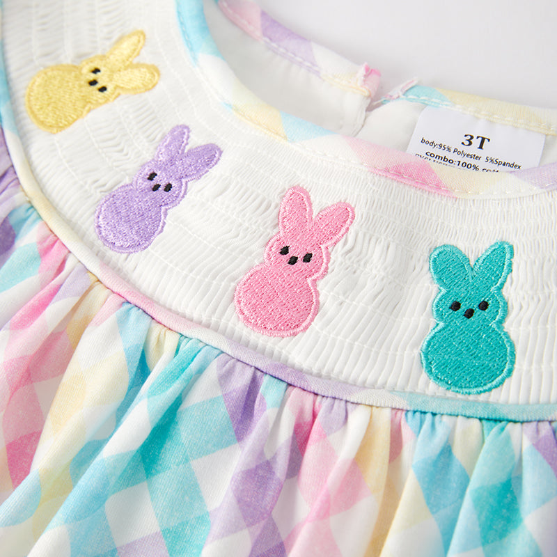 （In Stock）Girls Easter Bunny Embroidery Smocked Dress