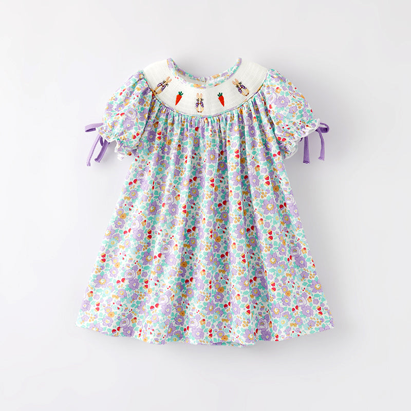 （In Stock）Girls Easter Bunny Embroidery Smocked Dress