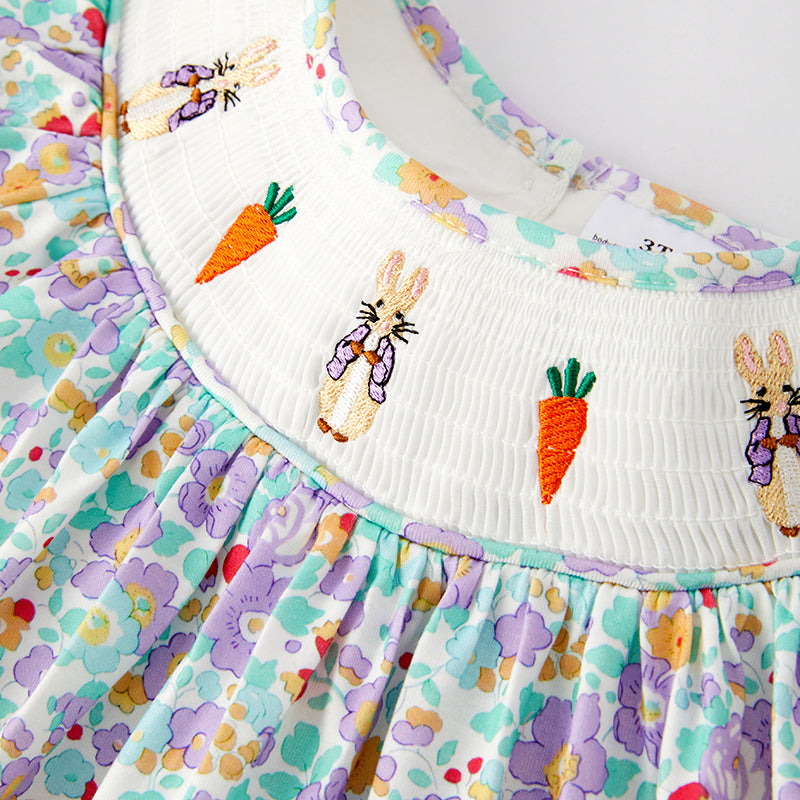 （In Stock）Girls Easter Bunny Embroidery Smocked Dress