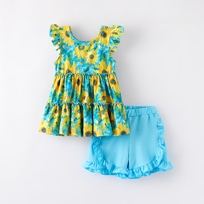 （In Stock）Girls Spring and Summer Sunflower Print Shorts Set