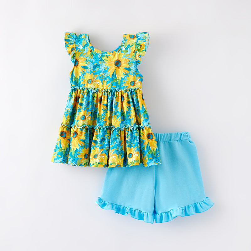 （In Stock）Girls Spring and Summer Sunflower Print Shorts Set