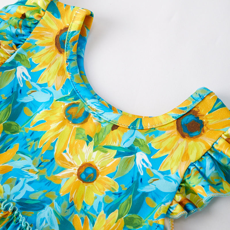 （In Stock）Girls Spring and Summer Sunflower Print Shorts Set