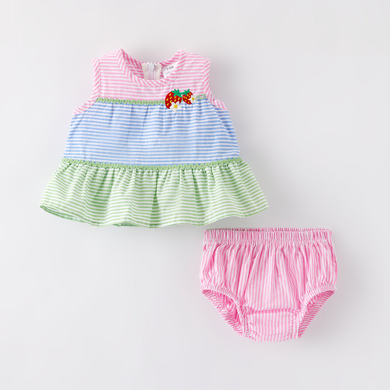 （In Stock）Toddler Girls Spring and Summer Strawberry Embroidery Cotton Bloomer Set