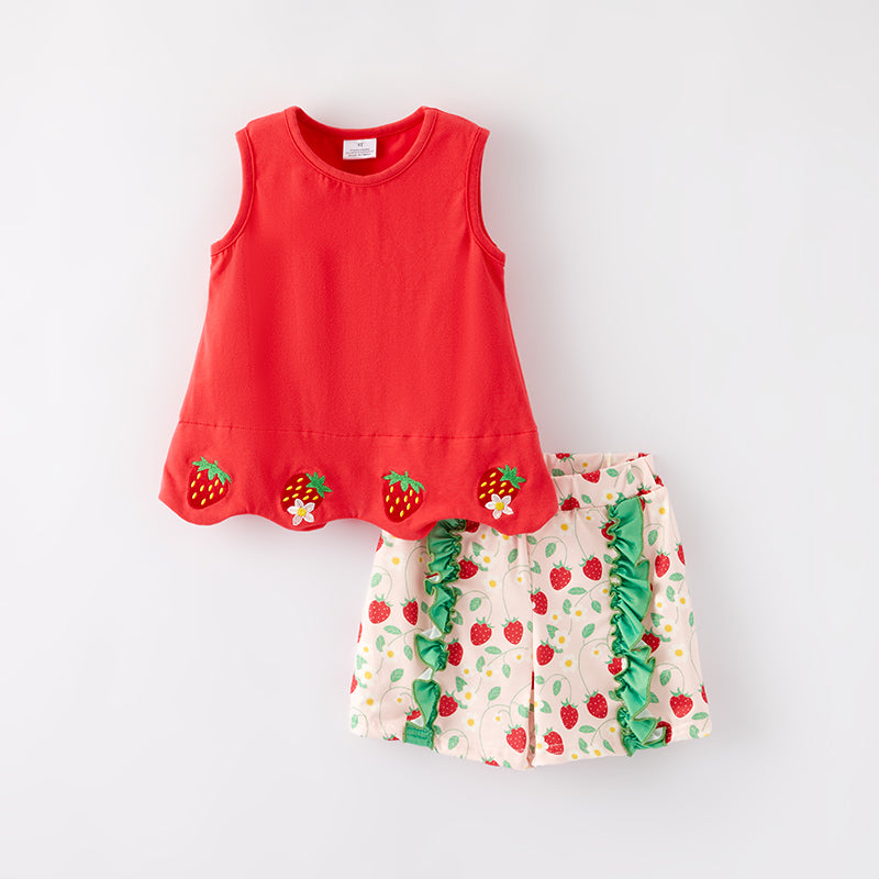 （In Stock）Girls Spring and Summer Strawberry Embroidery Shorts Set