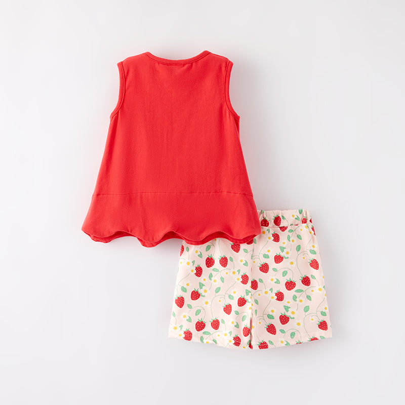 （In Stock）Girls Spring and Summer Strawberry Embroidery Shorts Set