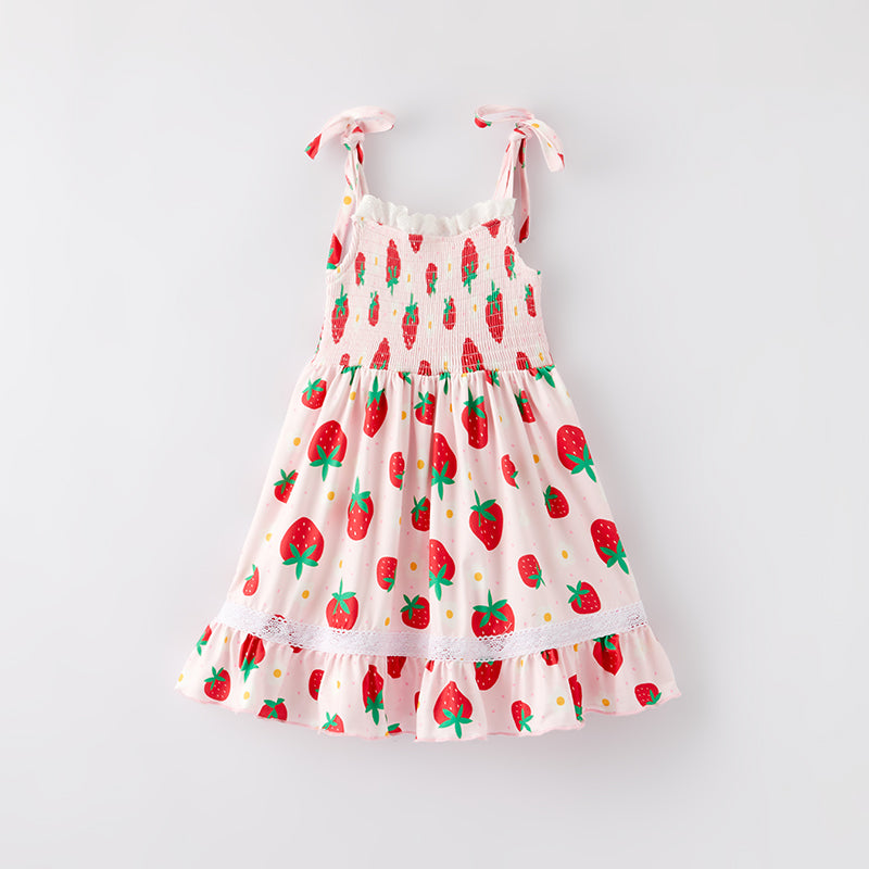 （In Stock）Girls Spring and Summer Strawberry Print Smocked Dress