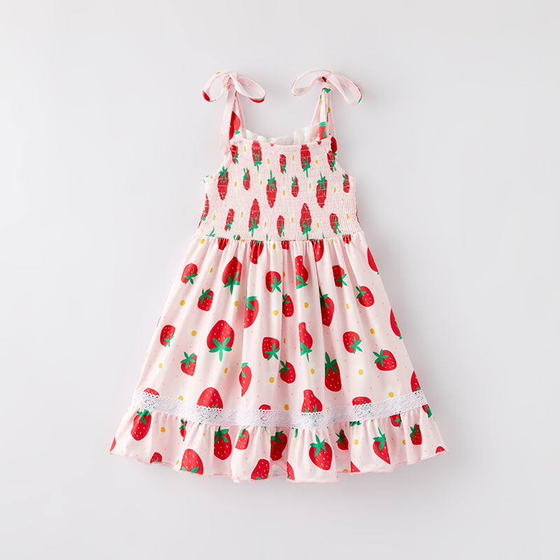 （In Stock）Girls Spring and Summer Strawberry Print Smocked Dress