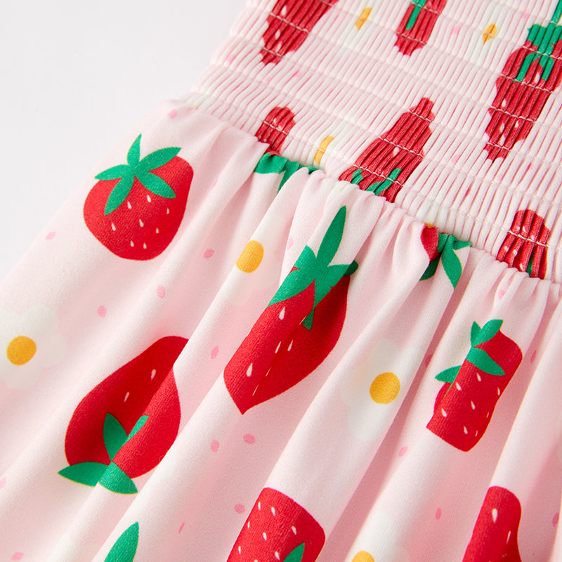 （In Stock）Girls Spring and Summer Strawberry Print Smocked Dress