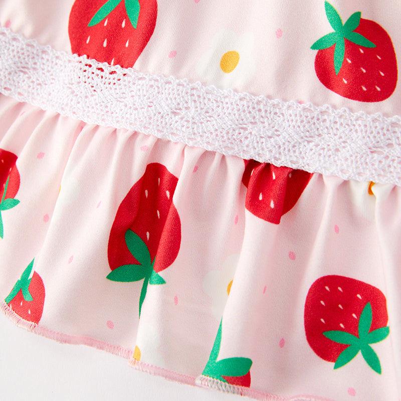 （In Stock）Girls Spring and Summer Strawberry Print Smocked Dress