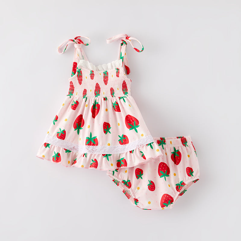 （In Stock）Toddler Girls Spring and Summer Strawberry Print Smocked Bloomer Set