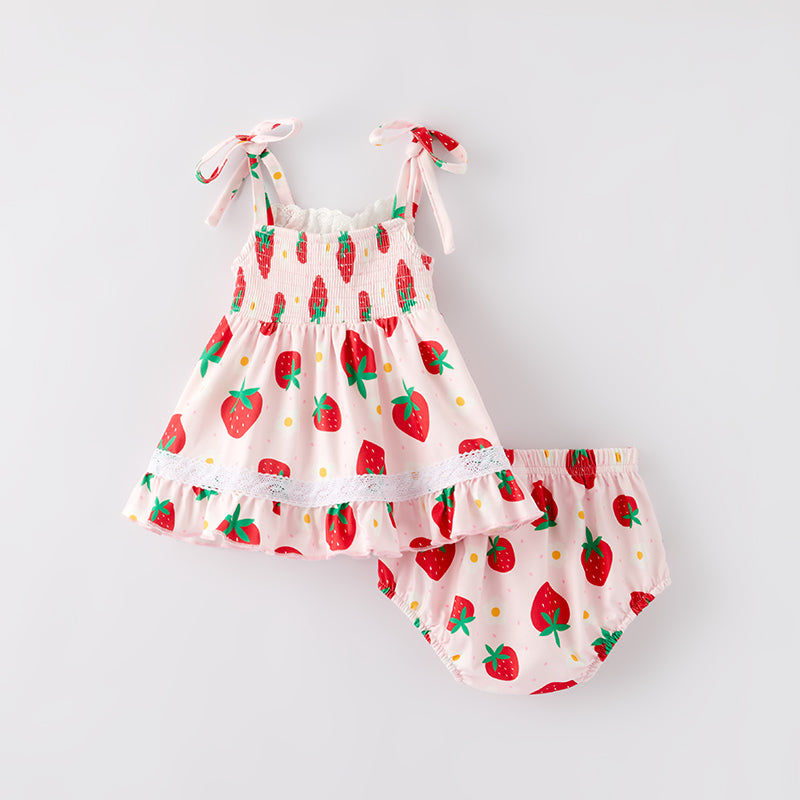 （In Stock）Toddler Girls Spring and Summer Strawberry Print Smocked Bloomer Set