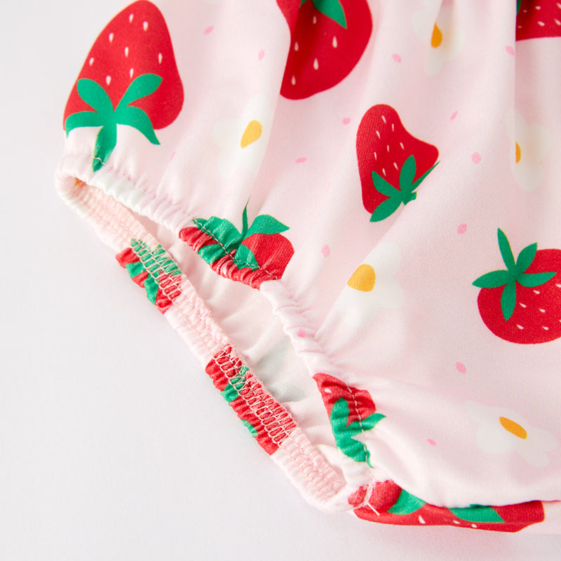 （In Stock）Toddler Girls Spring and Summer Strawberry Print Smocked Bloomer Set