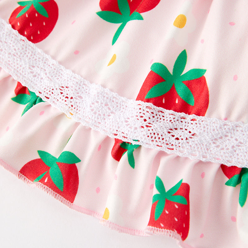 （In Stock）Toddler Girls Spring and Summer Strawberry Print Smocked Bloomer Set