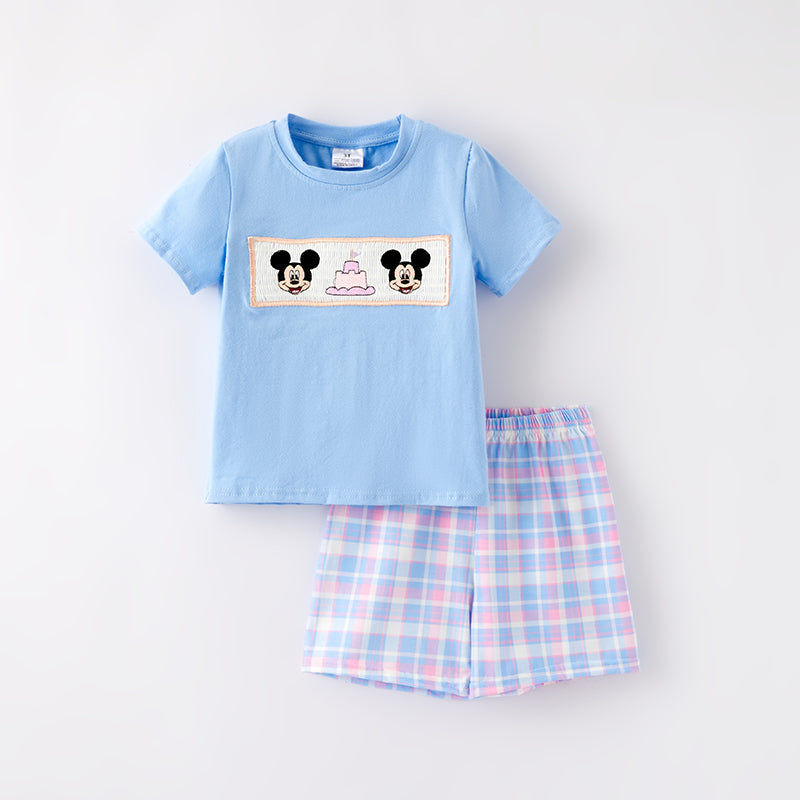 （In Stock）Boys Spring and Summer Cartoon Embroidery Smocked Shorts Set