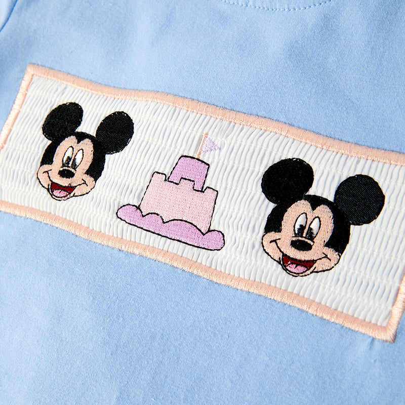 （In Stock）Boys Spring and Summer Cartoon Embroidery Smocked Shorts Set