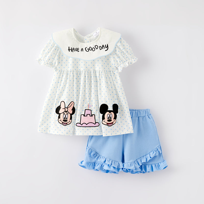 （In Stock）Girls Spring and Summer Cartoon Applique Shorts Set