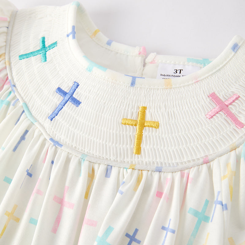 （In Stock）Girls Easter Cross Embroidery Smocked Dress