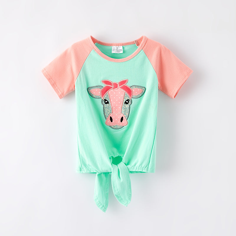 （In Stock）Girls Spring and Summer Cow Applique Knotted Top