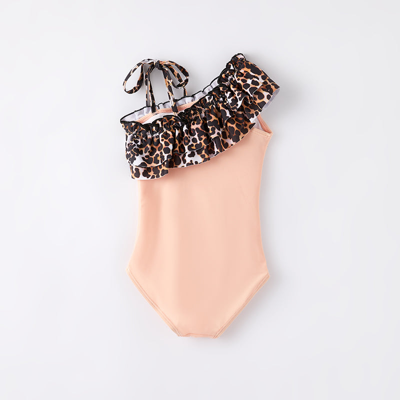 （In Stock）Mommy and Me Summer Leopard Print Oblique Shoulder Swimsuit