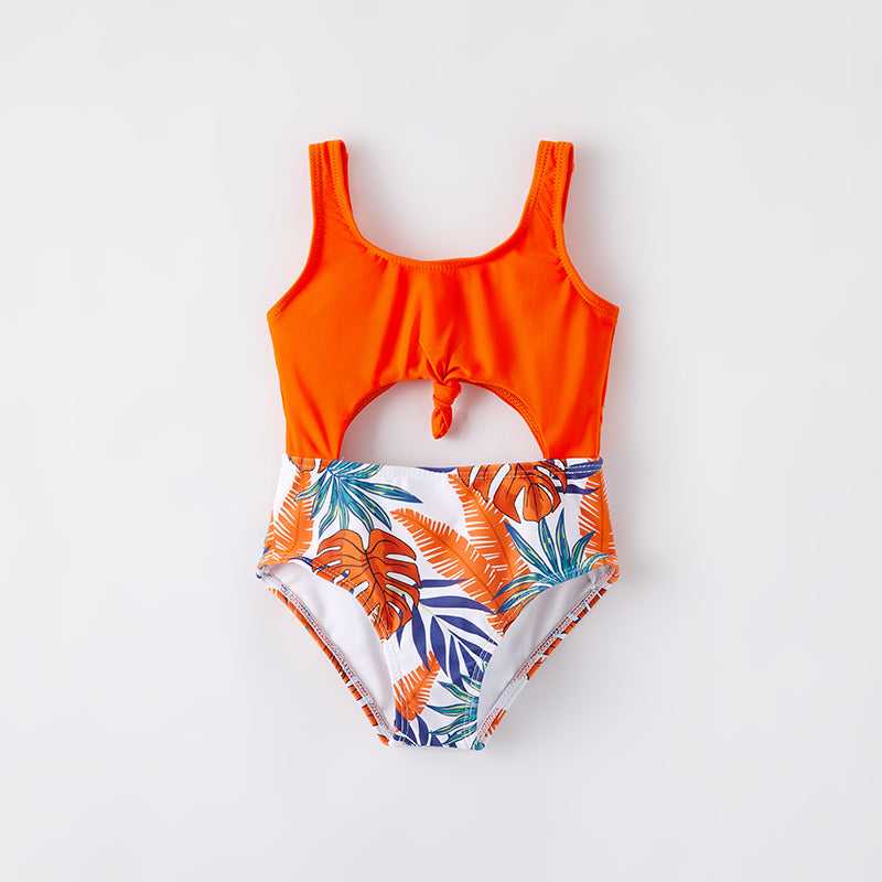 （In Stock）Mommy and Me Summer Floral Print Orange Swimsuit