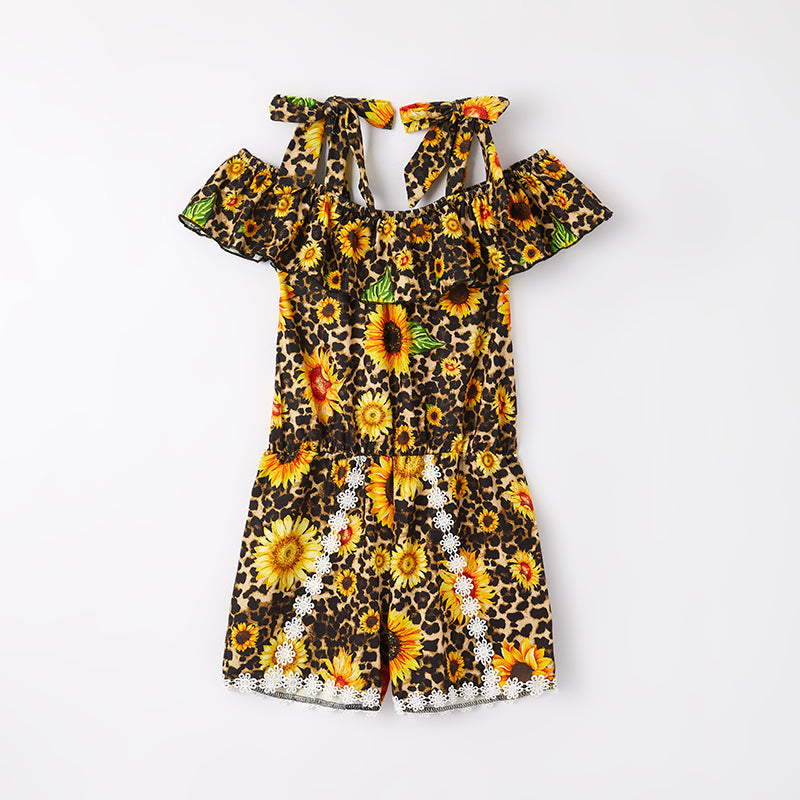 （In Stock）Girls Spring and Summer Sunflower Print Jumpsuit