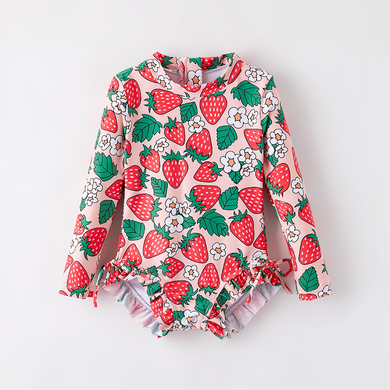 （In Stock）Girls Summer Strawberry Print Swimsuit