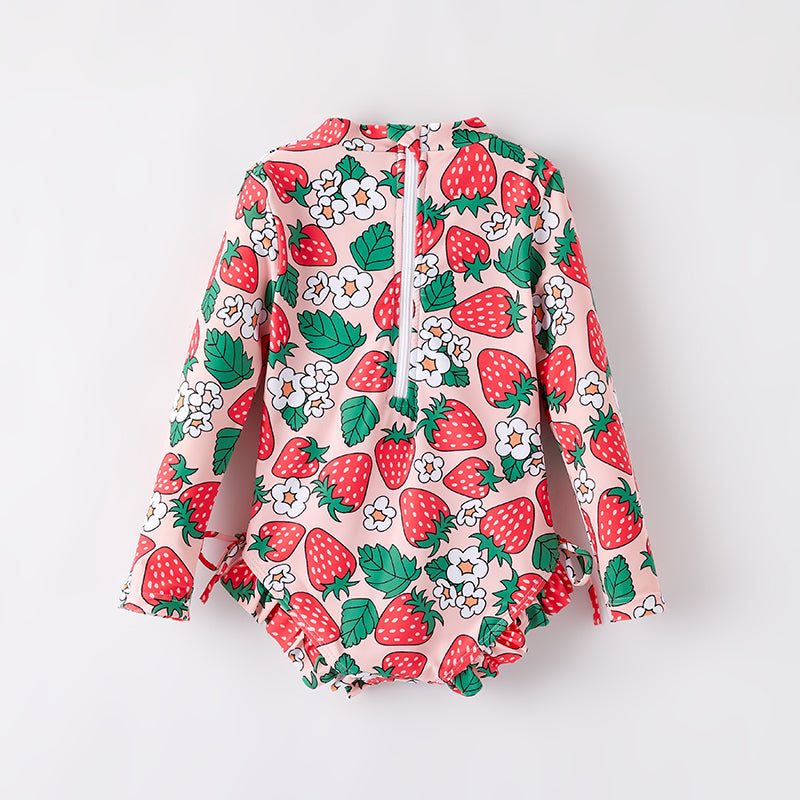 （In Stock）Girls Summer Strawberry Print Swimsuit