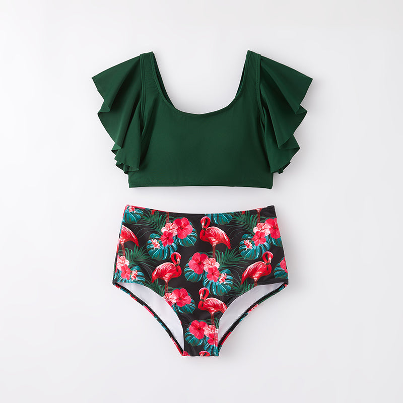 （In Stock）Mommy and Me Summer Flamingo Print Dark Green Swimsuit