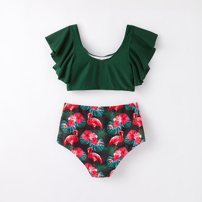 （In Stock）Mommy and Me Summer Flamingo Print Dark Green Swimsuit