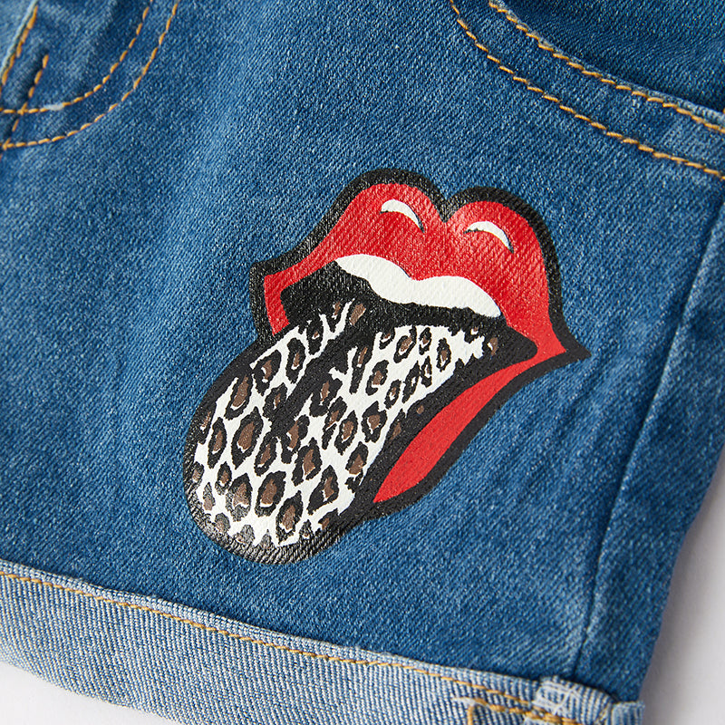 （In Stock）Girls Summer Red Lip Print Denim Shorts