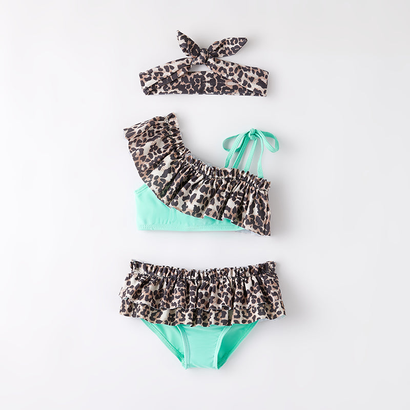 （In Stock）Girls Summer Mint Leopard Print Oblique Shoulder Swimsuit with Bandeau