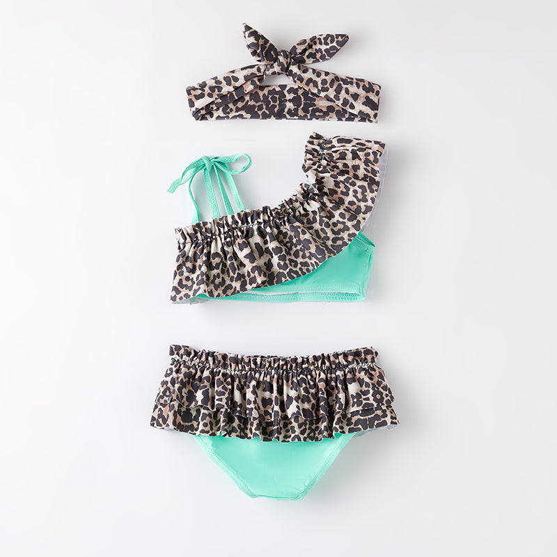 （In Stock）Girls Summer Mint Leopard Print Oblique Shoulder Swimsuit with Bandeau