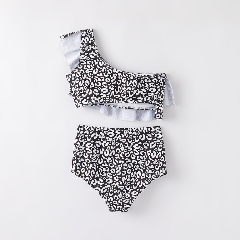 （In Stock）Mommy and Me Summer Leopard Print Oblique Shoulder Swimsuit