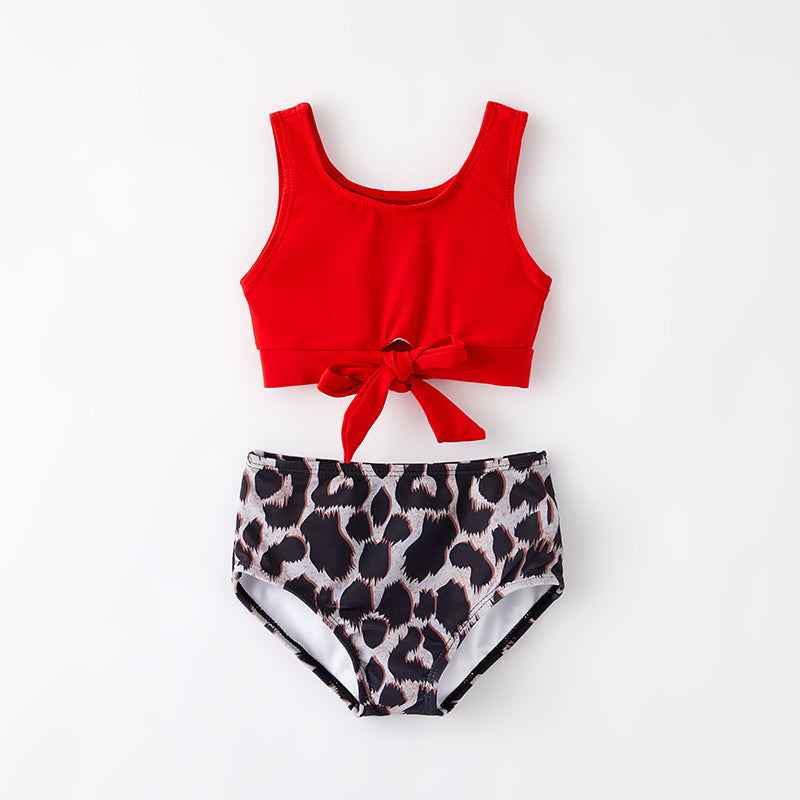 （In Stock）Girls Summer Leopard Print Red Swimsuit