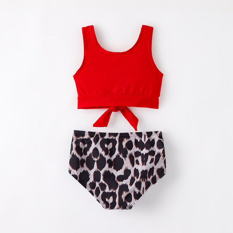 （In Stock）Girls Summer Leopard Print Red Swimsuit