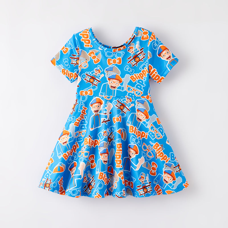 （In Stock）Girls Spring and Summer Cartoon Character Print Dress