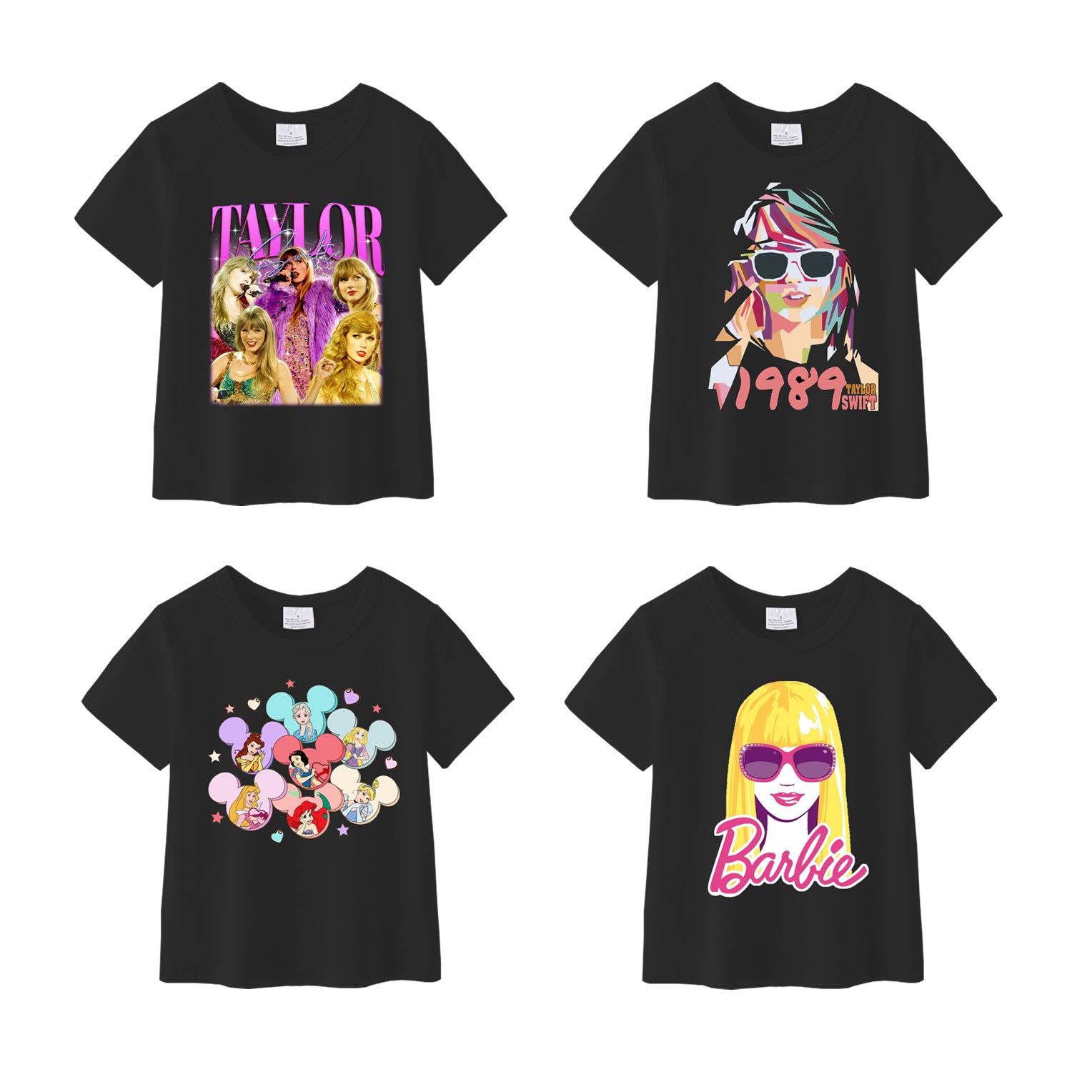 （Pre Order）Summer Girls Black Cotton Black Cartoon Print T-shirt