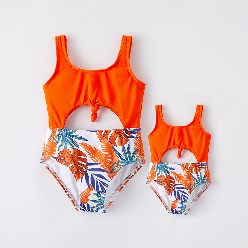 （In Stock）Mommy and Me Summer Floral Print Orange Swimsuit