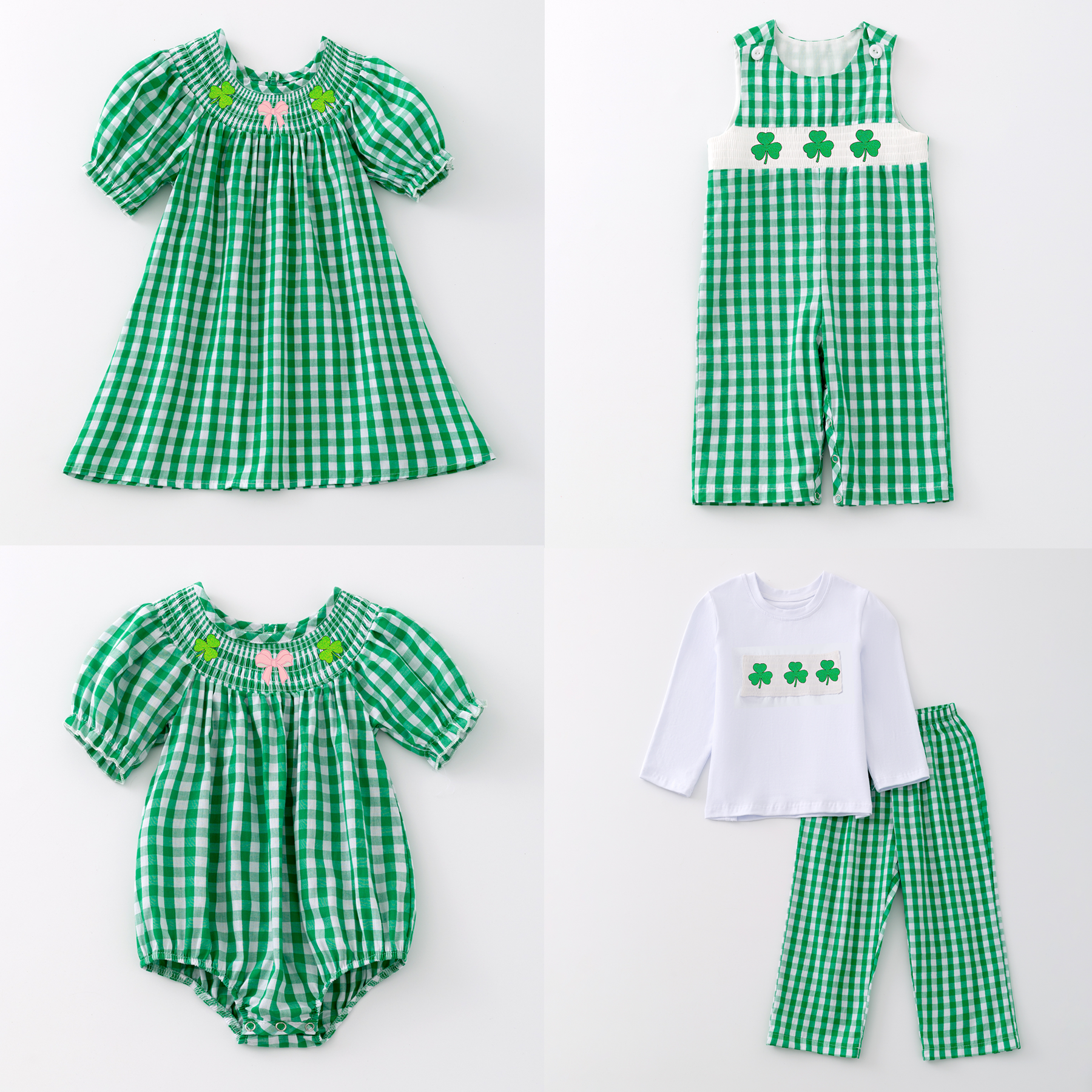 （Pre Order）St. Patrick's Day Embroidery Smocked Romper Dress Outfit Set